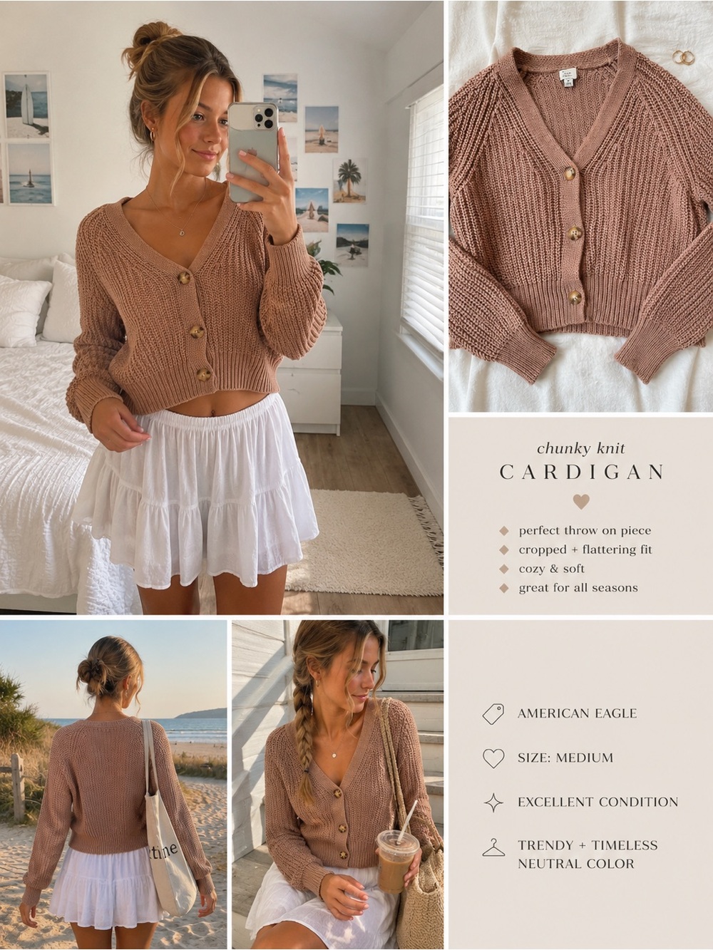 a new day Chunky Knit Cropped Cardigan - Mauve Brown